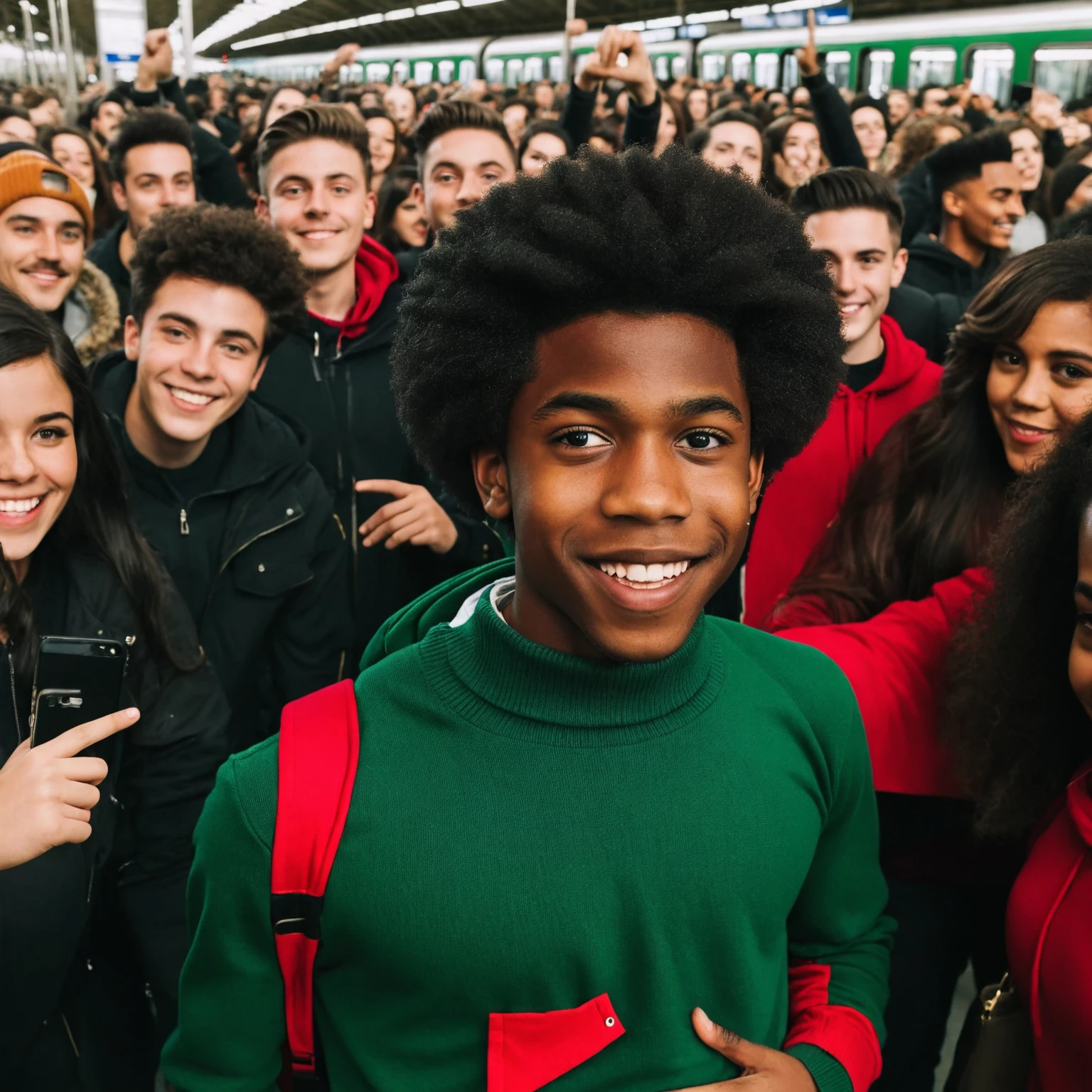 An Afro American teenager boy of black complexion with twist wearing a red sweater, in the center of a dynamic crowd all dressed in black in a green train station