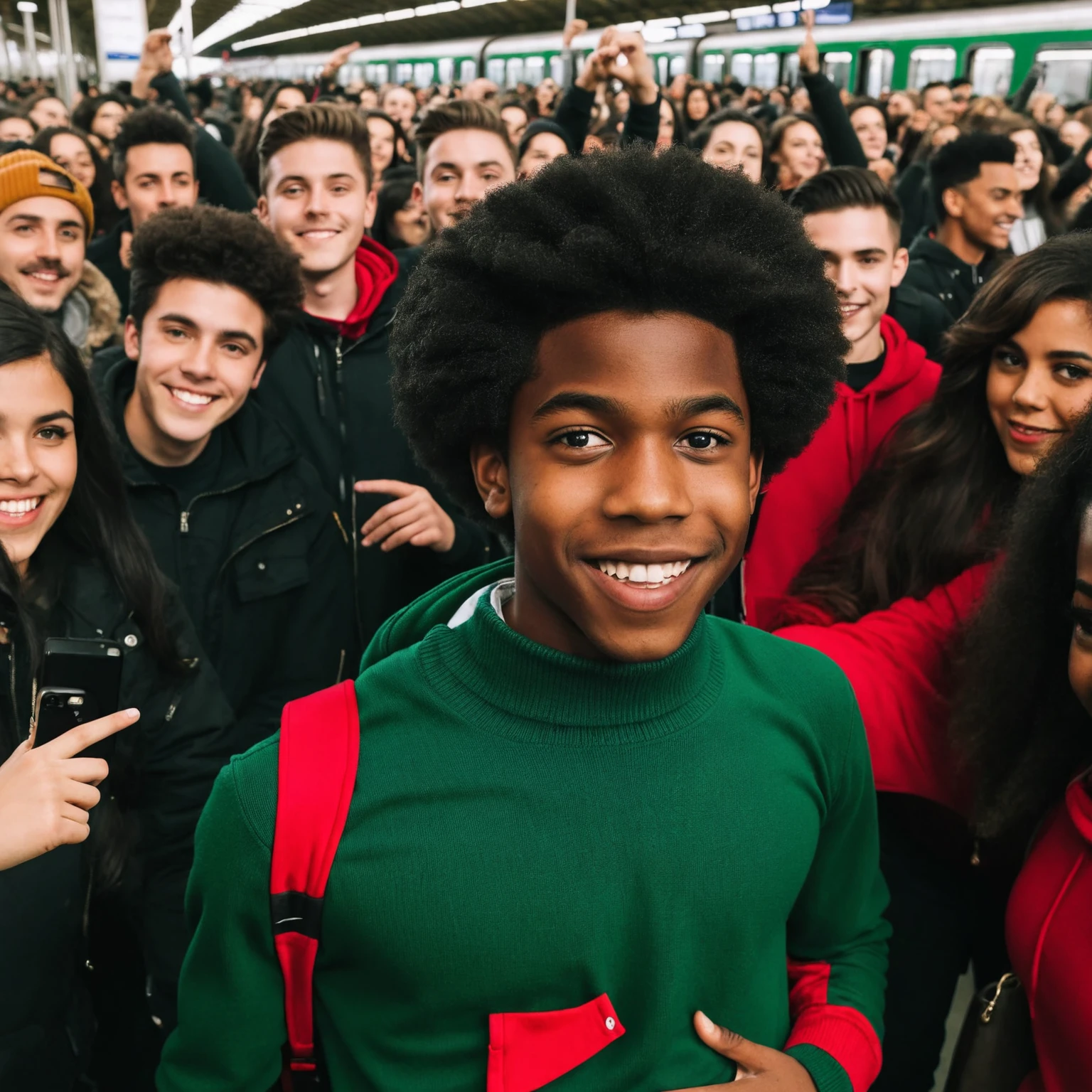An Afro American ager boy of black complexion with twist wearing a red sweater, in the center of a dynamic crowd all dressed in black in a green train station