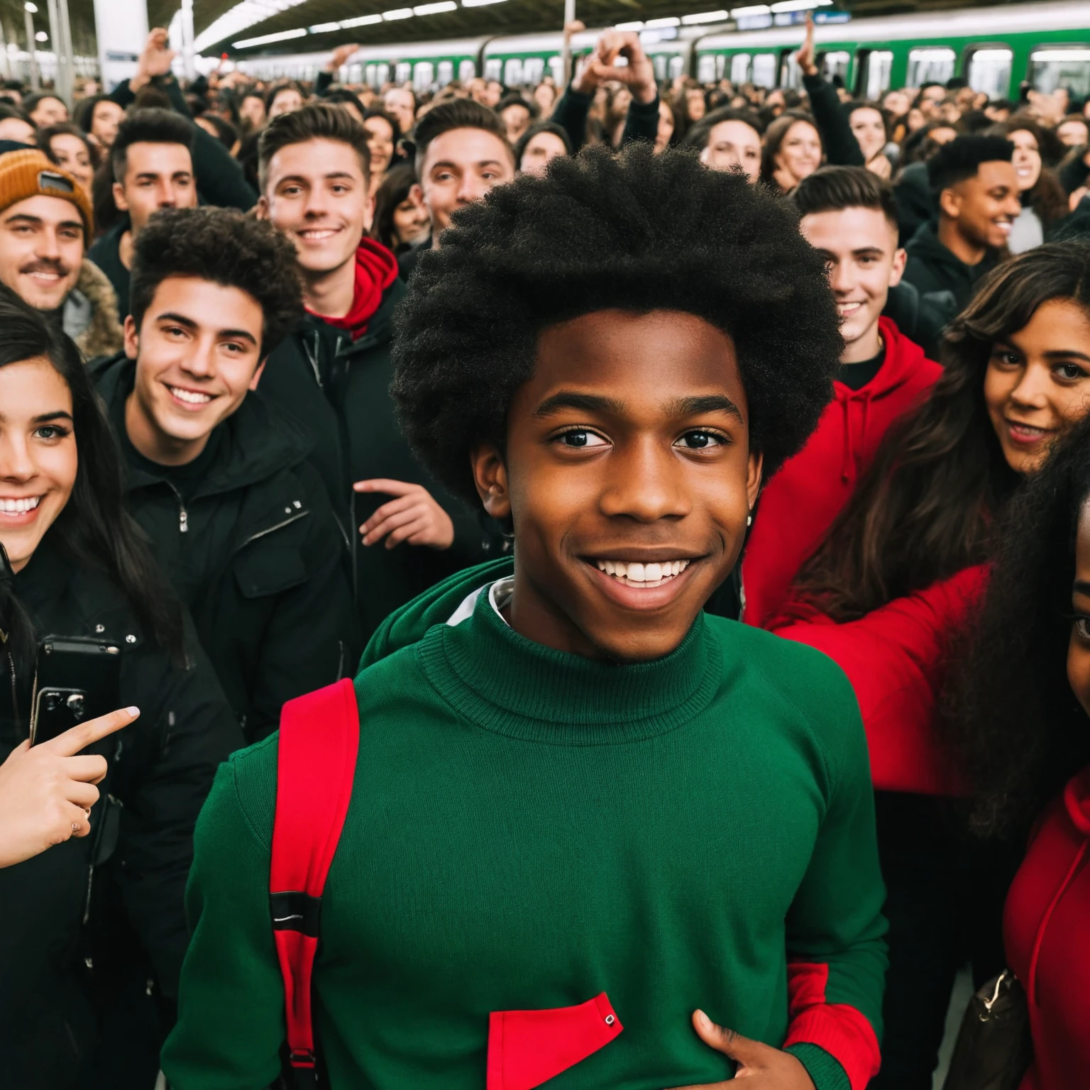 An Afro American teenager boy of black complexion with twist wearing a red sweater, in the center of a dynamic crowd all dressed in black in a green train station