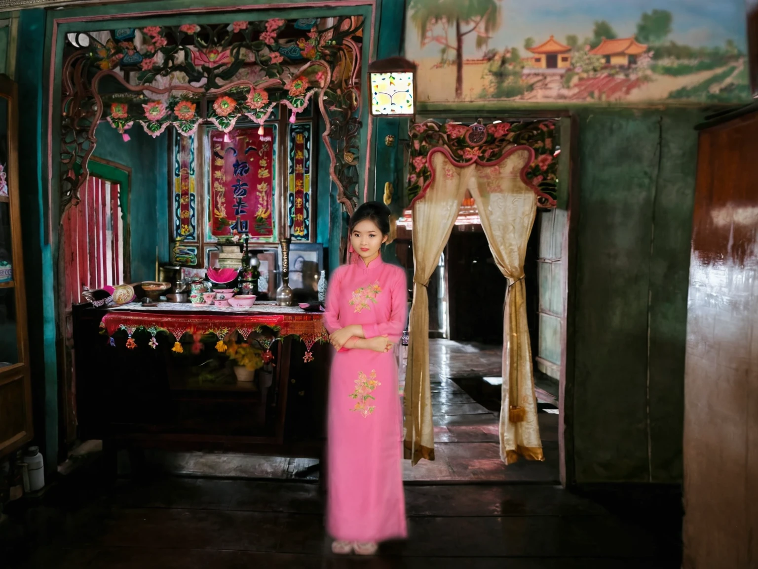 A Vietnamese girl stands with her arms crossed in house, Pink Ao Dai, Highly realistic photo, Portrait of a 20 year old Vietnamese young girl,