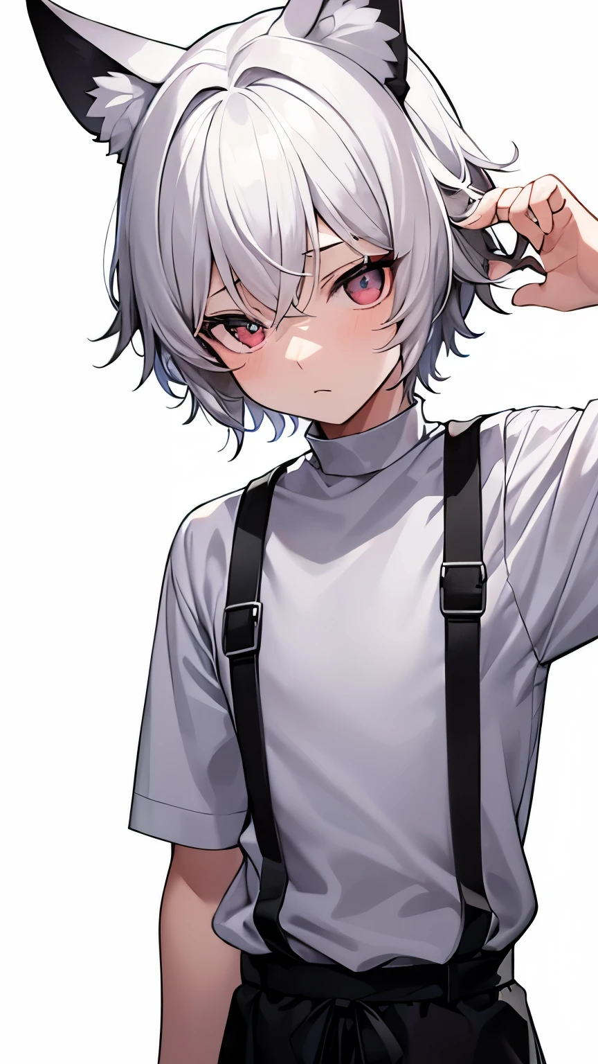 Boys，juvenile，White hair，Animal ears，front，No obstruction，White background，whole body，Standing，Heteropuline color，Simple short sleeves