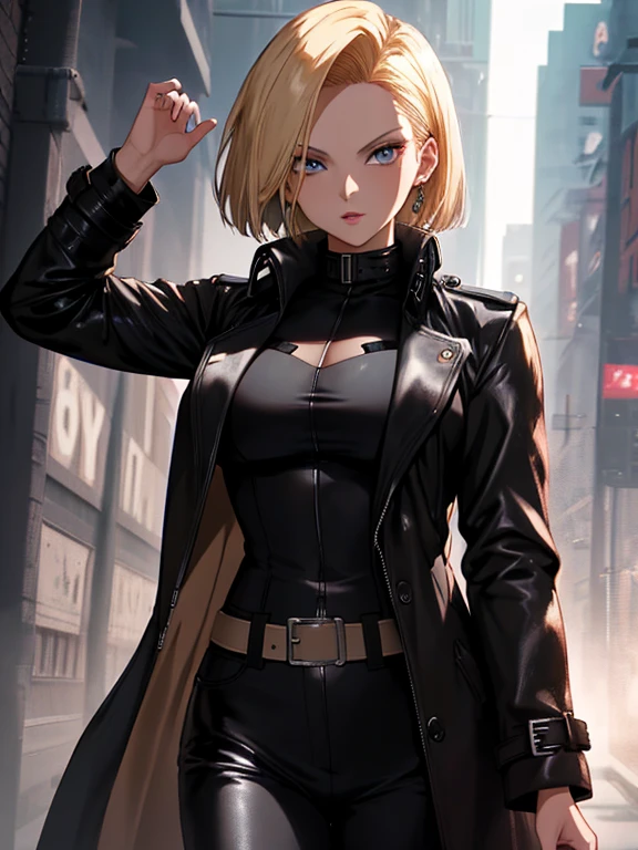 Android18Number, Black Trench Coat, (masterpiece), highest quality, 1girl, uhd, retina, masterpiece, ccurate, anatomically correct, textured skin, super detail, high details, high quality, best quality, highres, 4K