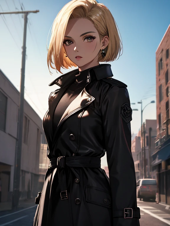 Android18Number, Black Trench Coat, (masterpiece), highest quality, 1girl, uhd, retina, masterpiece, ccurate, anatomically correct, textured skin, super detail, high details, high quality, best quality, highres, 4K