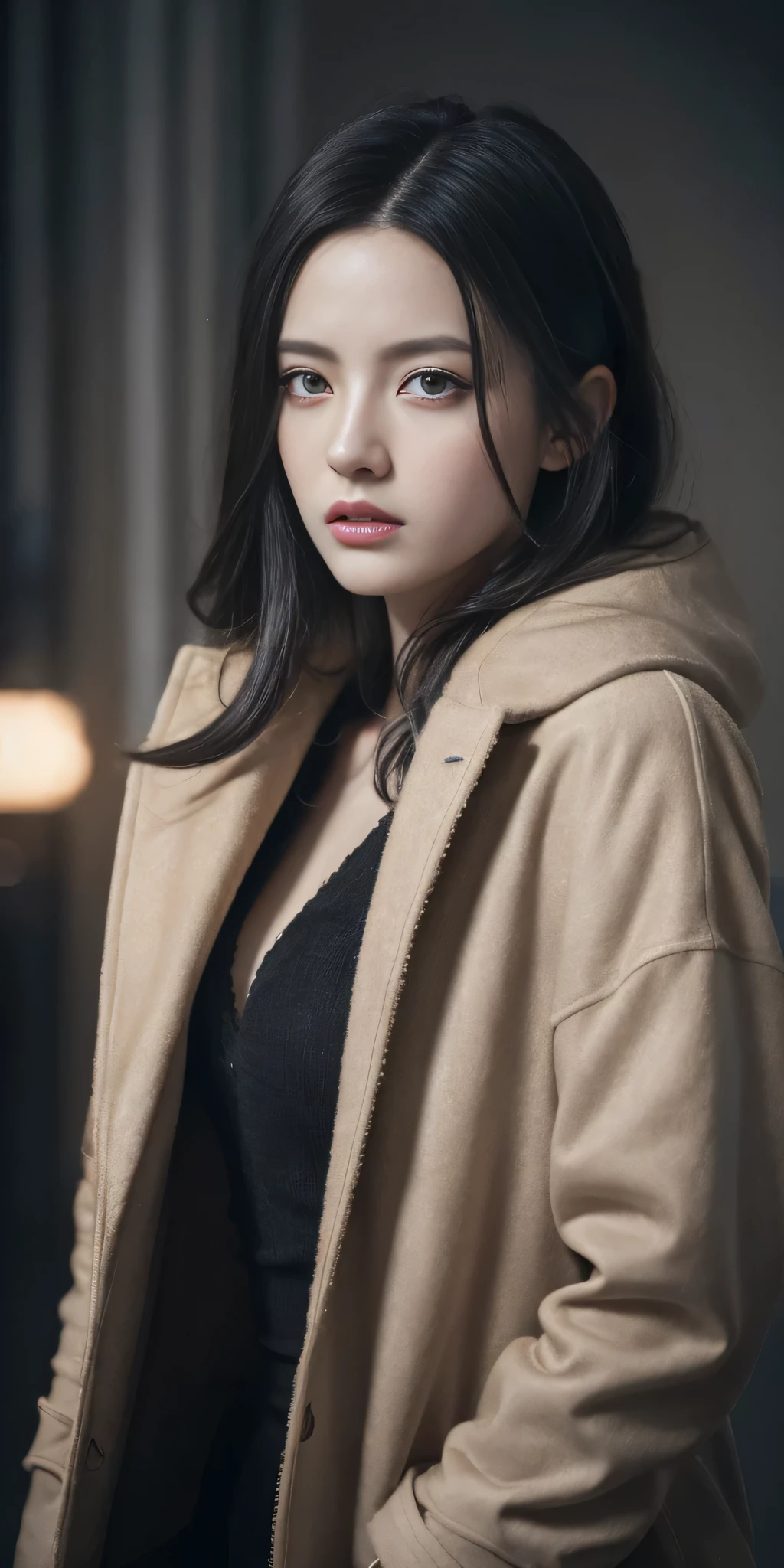 beautiful girl with realistic black eyes, pale skin, mid-length black hair, perfect face, perfect eyes, wearing coat, highly detailed, comprehensive cinematic, digital painting, 8k, cinematic lighting, best quality, highres, detailed work, post-processing, perfect result, hyper realistic