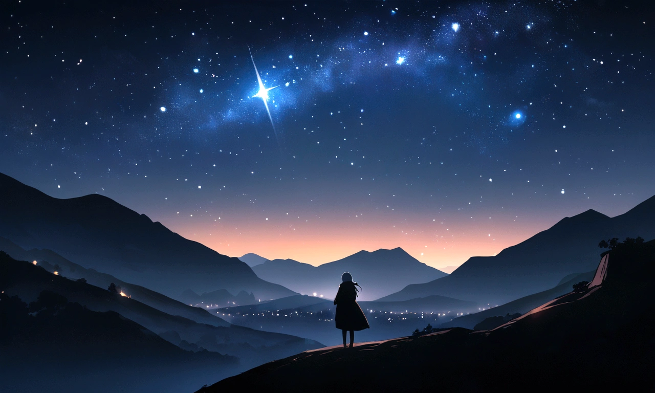 Chill, Landscape, Stars, on the mountain. Girl looking at the sky. Night, Shining.