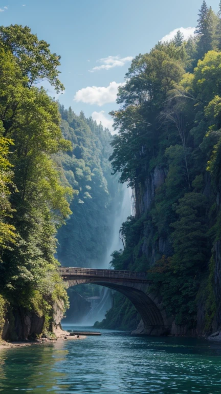 Style, ChromaV5, nvinkpunk, (extremely detailed 8k CG unit wallpaper), an image of a majestic river, trees on the sides, small waterfall, intense fog, award-winning photography, chromatic aberration, detailed, HDR, Bloom, Monet style, Pissarro and Sisley, trend at ArtStation, trend at CGSociety, midjourney art
