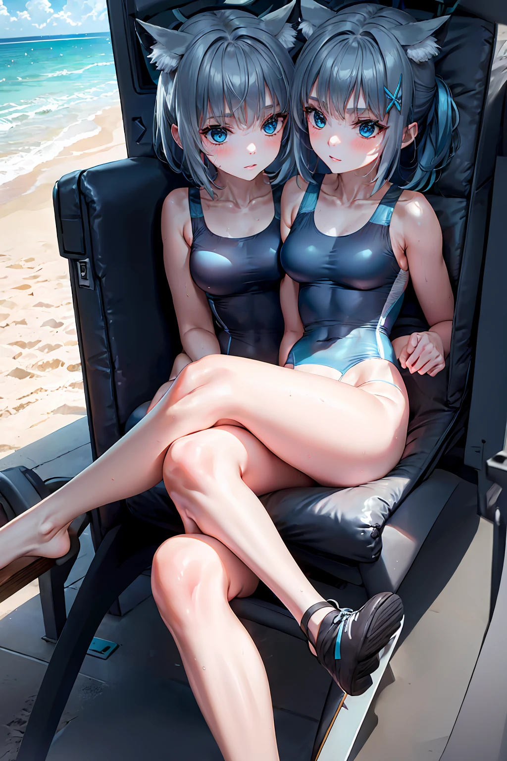 masterpiece,best quality,best resolusion,1 girl,2heads,shiroko character,detailed,conjoined twins,has two wolf ears on top of the head, has a round blue circle of light,short silver hair,blue hair ornament,blue eyes,wearing a tight dark blue women's swimsuit,normal breasts,beach background,beautiful face,beautiful eyes,beautiful body,beautiful hand,beautiful hair, sitting, (legs crossed:1.4), (crossed legs:1.4)