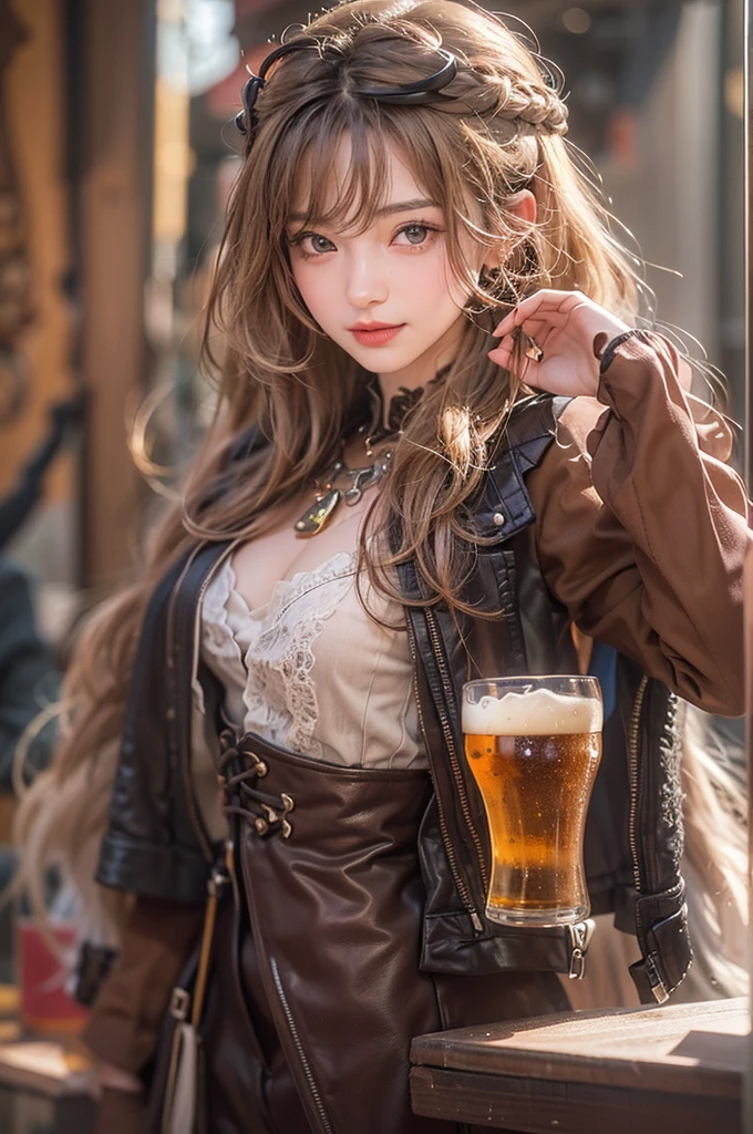 front side photo,filmg,8K,OriginalPhoto,While drinking lemon juice,Lemon slices for garnish,The table was filled with small lemons,Burgundy leather coat,Exposed shoulder,silverlong hair,Lemon slices in a water glass