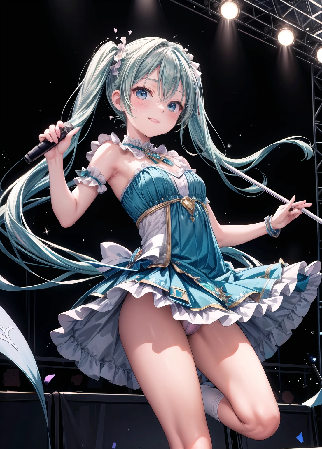 (masterpiece、Highest quality、Highest quality、Official Art、Beautiful and beautiful:1.2)、(One girl:1.3)Hatsune Miku、Twin tails,Beautiful breasts,8K, Highest quality, High resolution, Realistic, Real person, A live stage attracting a large audience, One Girl, Young and cute Japan idols, ((Cane)), big, Long and beautiful legs, With a smile on the stage、Mr.々Dancing vigorously in a pose, Holding a microphone, Gorgeous and revealing costume, Beautiful lighting