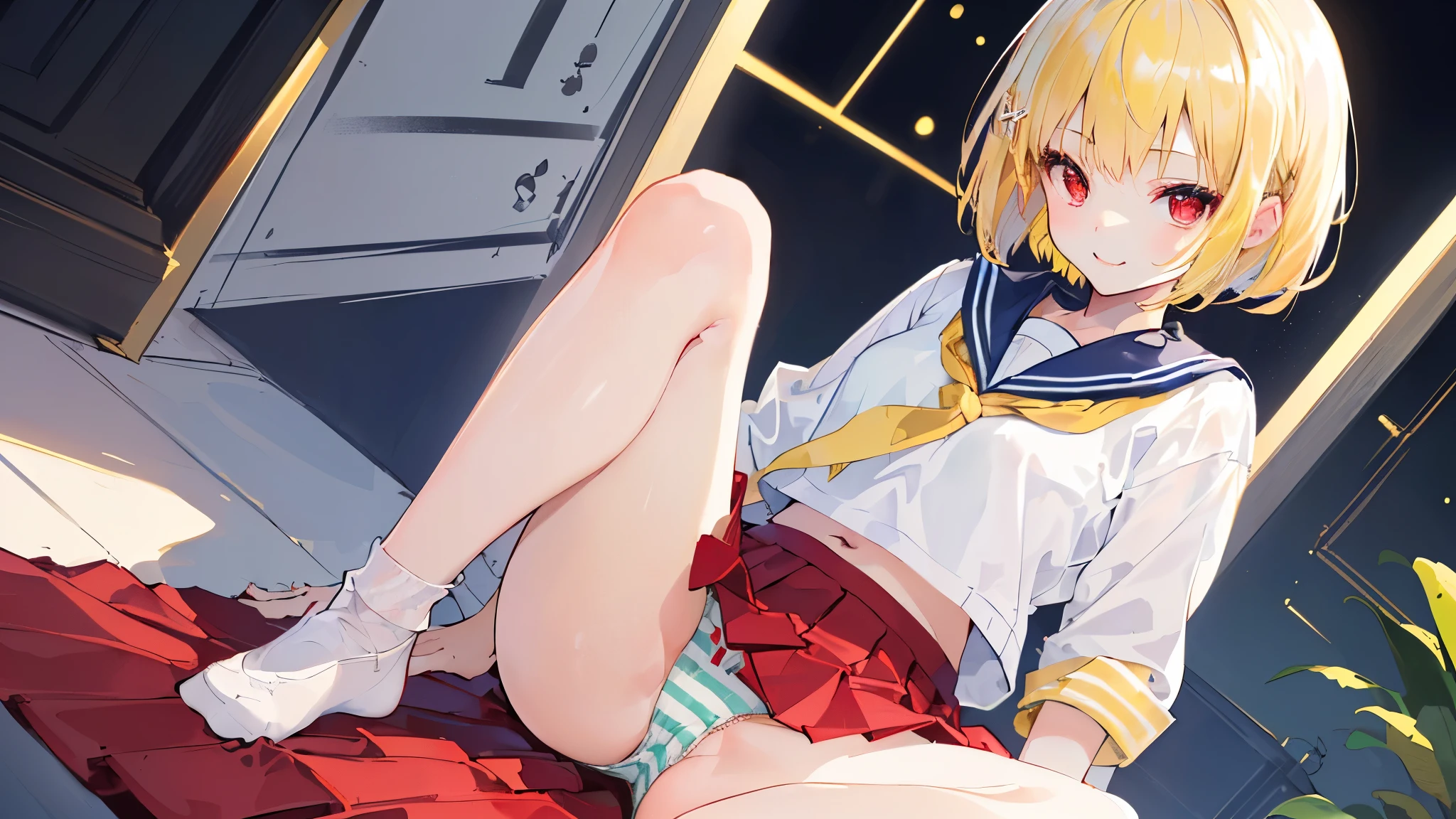(((One girl))), ((Highest quality)), ((masterpiece)), ((Super detailed)), (figure), (Detailed light), (Very delicate and beautiful), (Beautiful attention to detail), (sunlight), ((Very light)), ((Very clothes)), (((Hyper Detail))),(((((Front lighting))))),(((((Front light))))),
((((A very cute sailor suit with a pleated skirt)))),
,
Short wavy mannish bob, ((((Yellow gold hair)))), (((short hair))),
(((Ruby Red Eyes))),
((((whole body)))), Ages 5 to 8, ((((())))), ((((So adorable若い女の子)))),
(((Condescending look))), (A mischievous smile accompanied by sexual satisfaction), (((So adorable))), (((Very slim shape))),
(((Very beautiful and detailed face))),
(((Sit with your legs up))), (((((Dutch Angle))))),(((Mint Striped Panties))),
(((()))),
(((Extremely thin thighs))), (((White socks)))