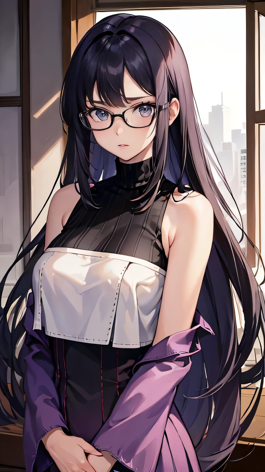 ((masterpiece)), accurate, high details, (detailed eyes), best quality, highres, super detail, Turtleneck sweater, sleeveless, flare skirt, lavender colored clothing, black hair, long hair, straight hair, mole under eye, rimless eyewear, Inside the room, afternoon sun, Put her hands behind her back, from below