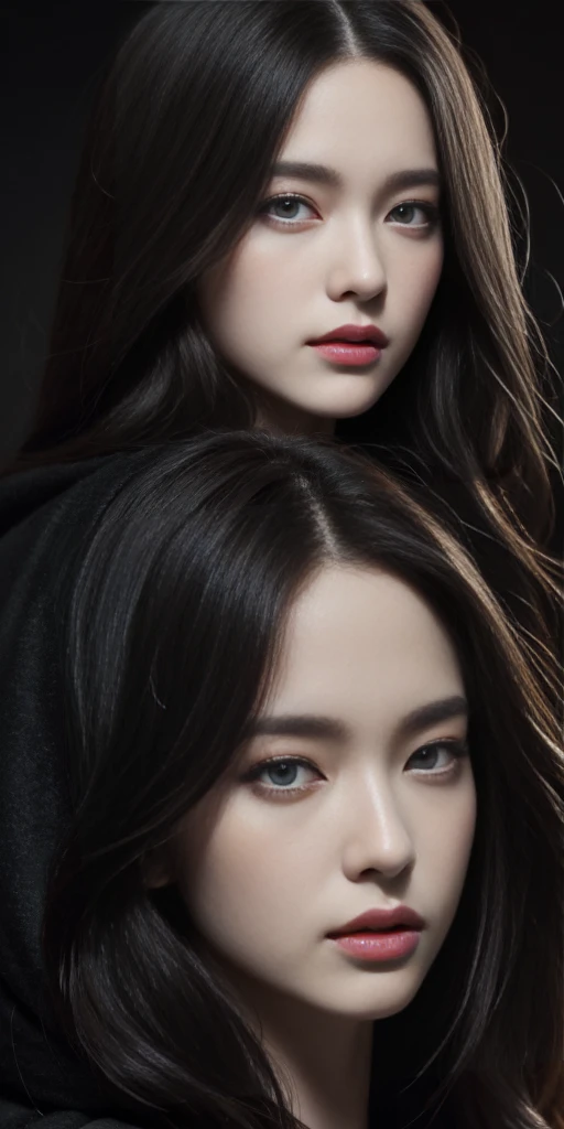 beautiful girl with realistic black eyes, pale skin, mid-length black hair, perfect face, perfect eyes, wearing coat, highly detailed, comprehensive cinematic, digital painting, 8k, cinematic lighting, best quality, highres, detailed work, post-processing, perfect result, hyper realistic