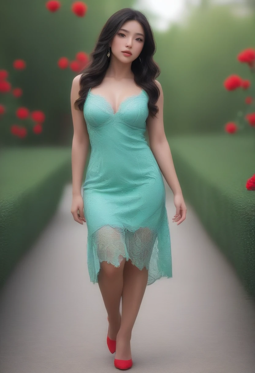 a brunette Latina woman, USANDO light green LACE dress com detalhes bordados, shoes black, worked, Latin woman in a beautiful rose garden of varied colors, High definition, incredible. fot of a stunning Kizi, in town, light green LACE dress, enjoying, Kizi, hot Kizi, (((medium bust))), body hair morena, far away_body hair, shoes black, luxurious, looks at the camera, symmetrical face, photorrealistic, fot, spectacular lighting,, marvelous, neckleace, western, (Masterpiece artwork), best qualityer, high resolution, extremely detaild, skin with pores, nblurry background, Depth of field, cinematic lighting, Asian, ssmile