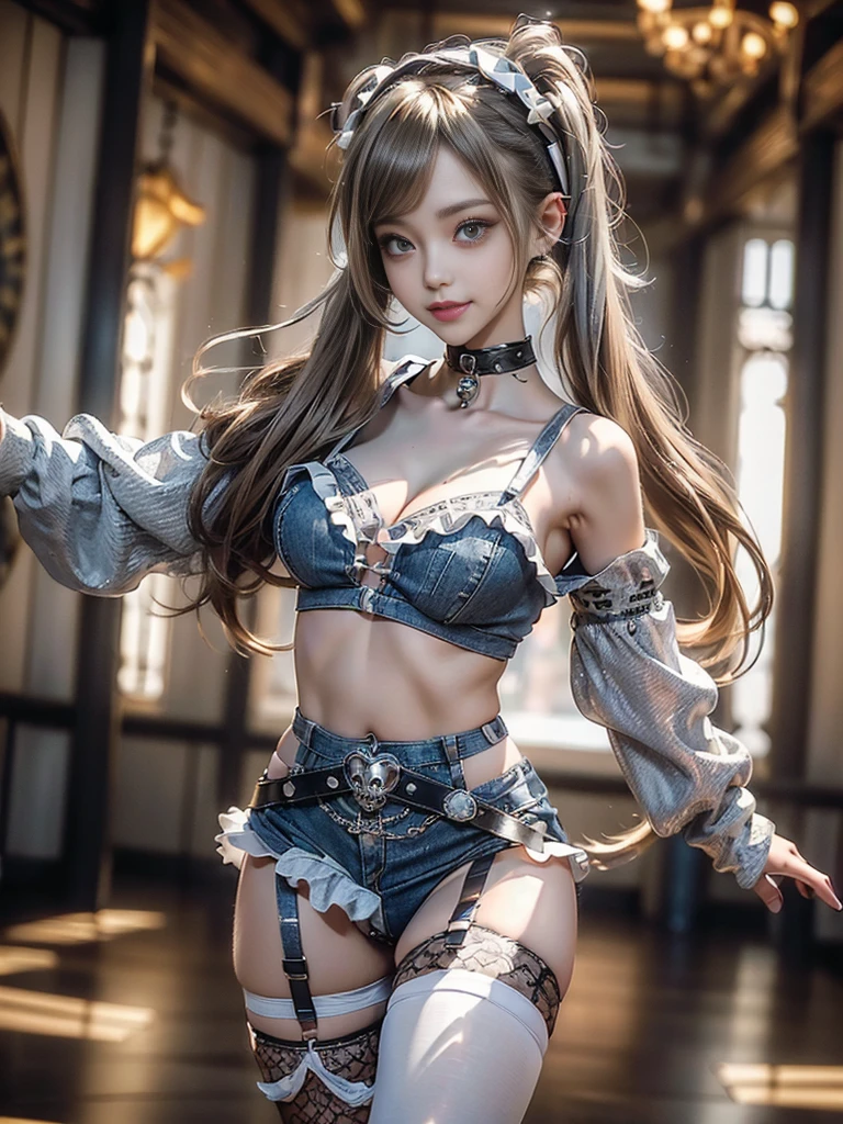 (Full Body View:1.3)、(Beautiful lips and nose:1.4)、(Side view:1.1)、(Smiling with teeth showing:1.3),(Beverly Hills Whore:1.5)、(Gothic ta delicately decorated battle uniform:1.5)、(White off-shoulder hoodie:1.5)、(Black, silver and white shorts:1.4)、(denim garter belt:1.5)、(Black and denim knee socks:1.3)、(Skull Silver Accessories:1.5)、(Lace collar:1.3)、(Brown Skin Belt:1.4)、(Brown boots:1.2)、(Underwear has polka dots:1.4)、23 years old、((Highest quality、In 8K、masterpiece:1.3))、Sharp focus:1.2、(Layered Cut、Huge boobs:1.1),Beautiful woman with perfect figure:1.4、(Dancing vigorously:1.3)、Slender Abs:1.2、Highly detailed face and skin texture、Detailed eyes、double eyelid,(Twin tails:1.3)、(Brown-golden hair:1.3)、Gravure idol、(The background is a luxurious dance hall.:1.3)、(Slim body:1.2),(Make your legs thinner:1.4),(clavicle:1.1)