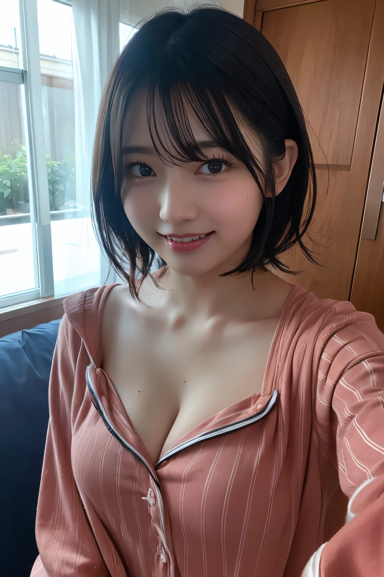 (8K, RAW Photos, Highest quality, High resolution: 1.1), (ultra Realistic: 1.4), (Realistic, Realistic: 1.3), The Beauty of Japan, pajamas, ((Upper Body: 1.3)) High resolution, Realistic image of a Japanese woman with short hair, She has big breasts and red cheeks, Look at that, smile She looks at it, smile, While taking a selfie. Her smartphone is close to her face. She appears to be live streaming from her home., Spread on the bed, With a blanket over my chest.