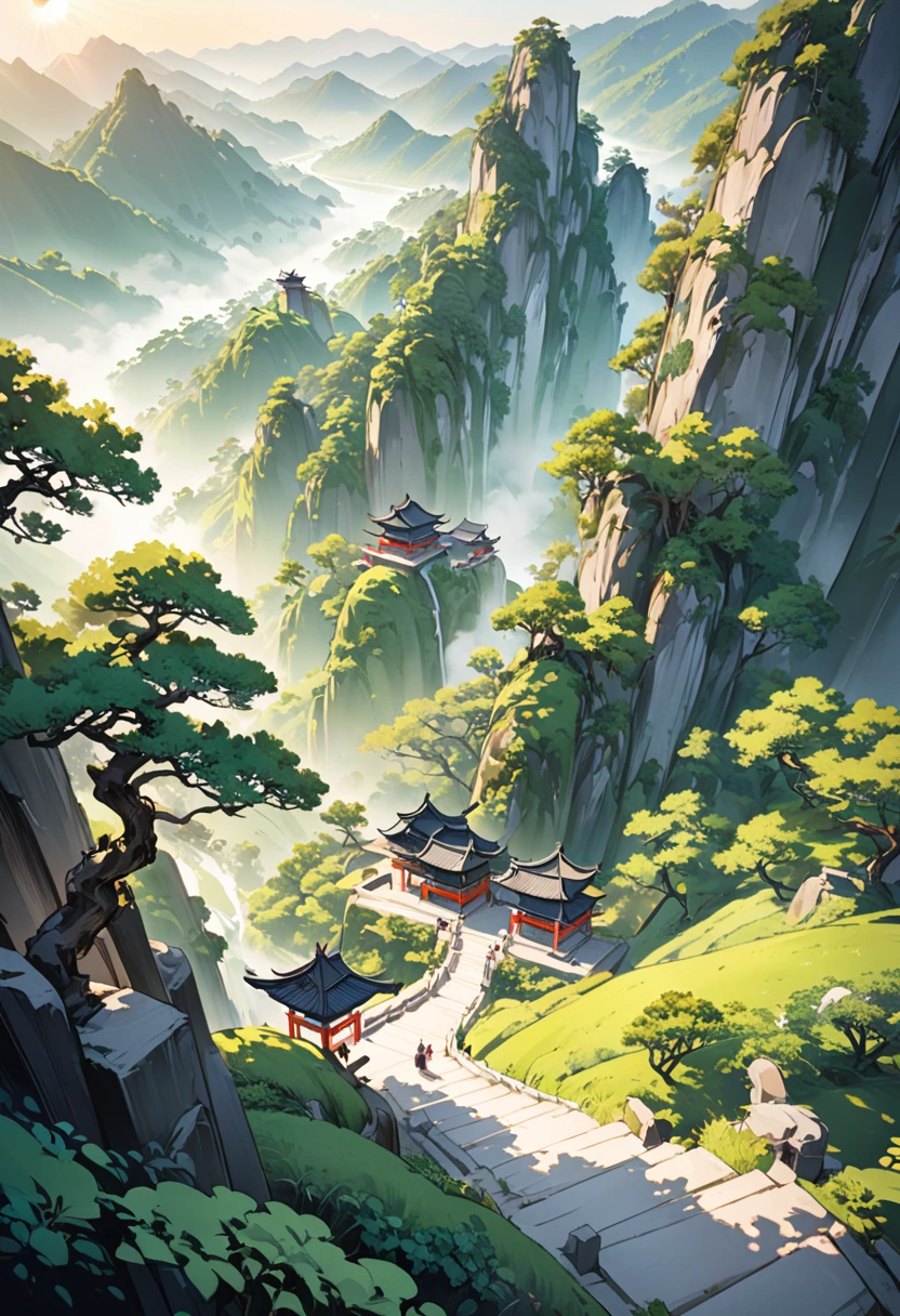 Chinese Landscape Ink Painting High Angle Perspective 0C Rendered Sculpture, green trees and green hills, morning vibes with sun, 4K