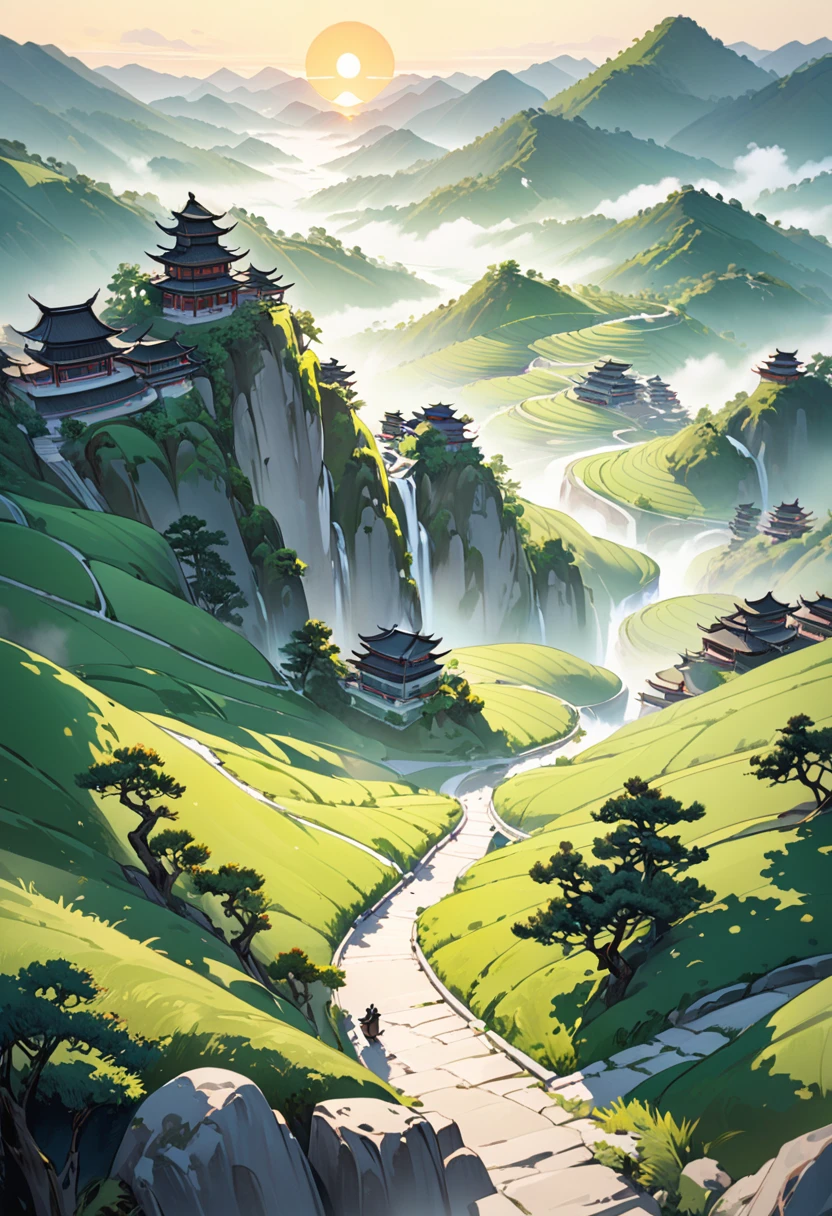 Chinese Landscape Ink Painting High Angle Perspective 0C Rendered Sculpture, green trees and green hills, morning vibes with sun, 4K