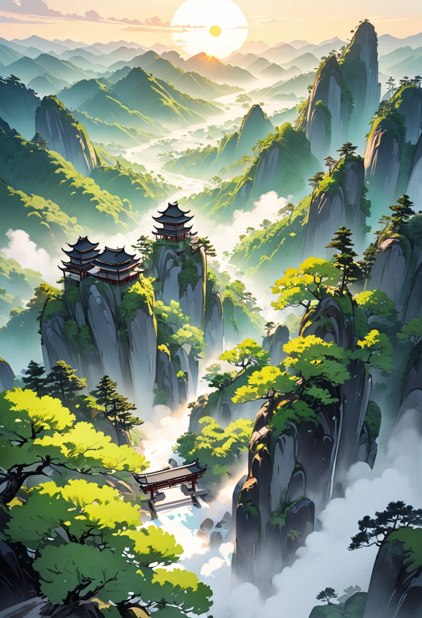 Chinese Landscape Ink Painting High Angle Perspective 0C Rendered Sculpture, green trees and green hills, morning vibes with sun, 4K