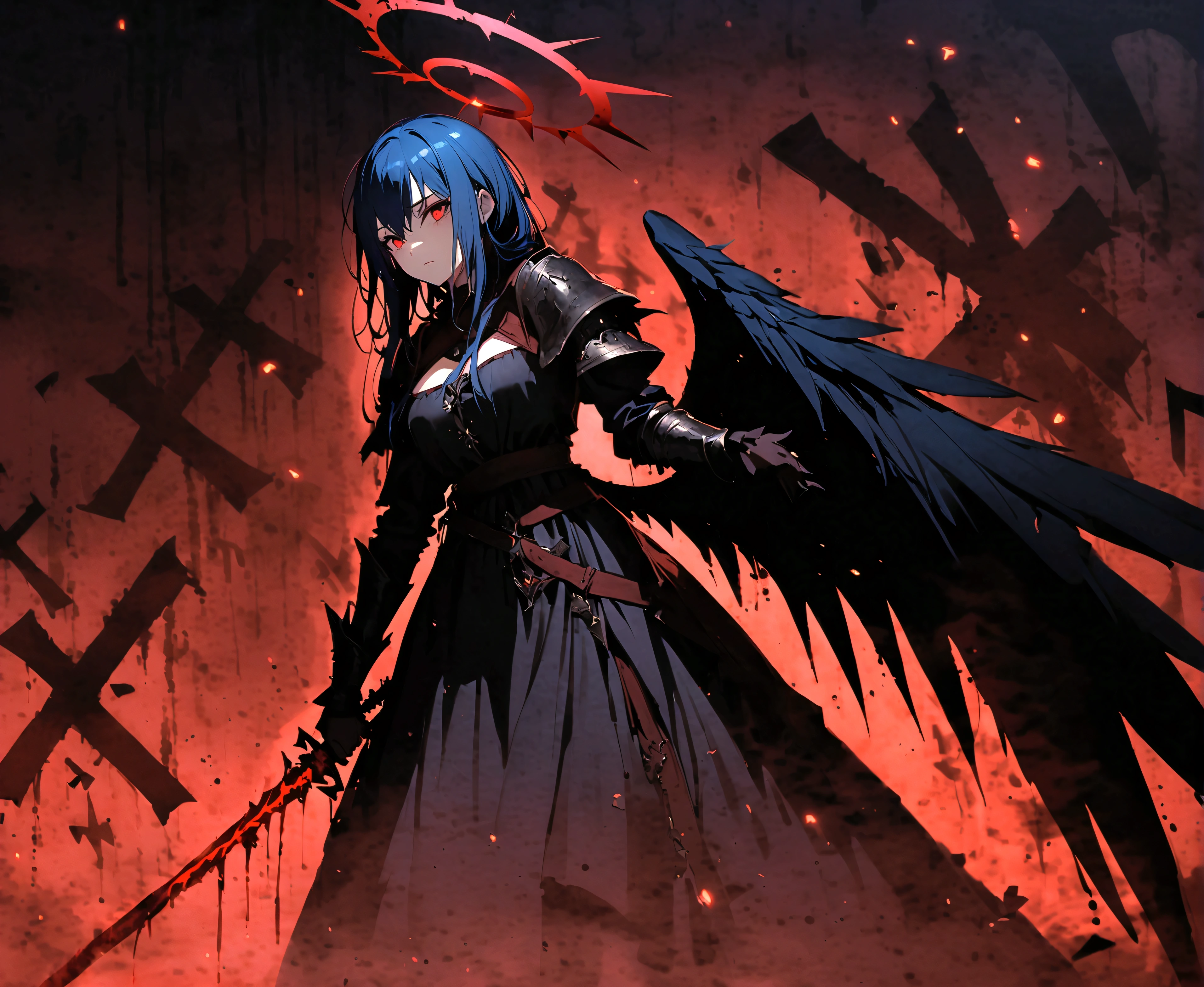 (dark,menacing:1.2),evil dark angel, (long blue hair:1.1), (red halo:1.1), (flaming sword:1.1) shaped like a cross, (dark fantasy:1.2), (red eyes:1.1), (black wings:1.1), (sinister aura:1.1), eerie atmosphere, (ominous shadows:1.1), (mysterious background:1.1), (intense lighting:1.1), (dramatic pose:1.1), medieval, soaked in blood, gore, horror
