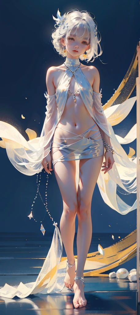 A girl、symmetry,Daughter,whole body female love,Put your hands together and bloom,(Very detailed:1.1),((small :1.2))、The eyes are well drawn、Charming eyes、Double tail、Wear jewelry and pearls around your neck,Transparent openwork、Deep V、Crystal Pearls、在Wear jewelry and pearls around your neck,white hair, show your thighs, Bare shoulders, Show Clavicle, Yao Liu, barefoot,((whole body))、painful posture