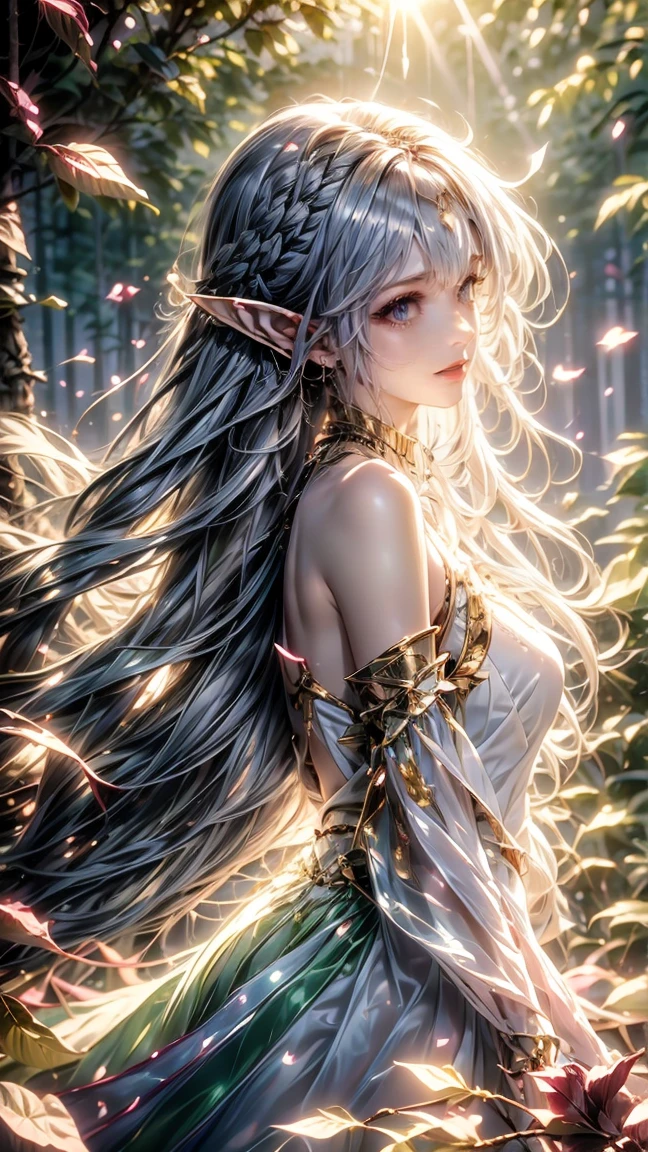 (masterpiece, 最high quality, high quality, High resolution, Super detailed), mysterious,,One cute girl, Great Lord Lukkadevata, (Side braid:1.1), Long Hair,((Gray Hair)), Leaf hair ornament, (Pointed Ears), Fairy, Green Eyes, Pale skin, Bare shoulders, (Medium chest), jewelry, White long dress, (Removable sleeves:1.1), bracelet, (Facing forward:1.2), (Hair is floating:1.3), From the side,,(in the forest:1.3), (Pink Flower:1.1), (Falling petals:1.1), (Lens flare from the right:1.2), (God sends a ray of light from the right:1.2),mysteriousな模様が周りを取り囲む