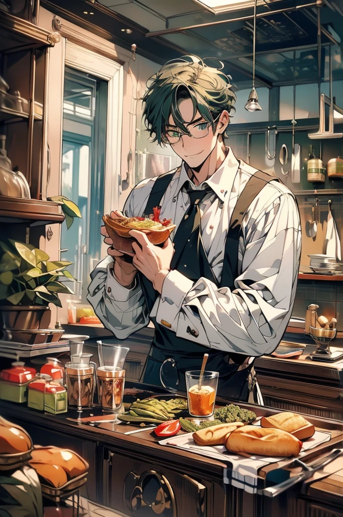 (masterpiece, highest quality, best quality, highest detailed, perfect face) 1 man, adult, muscular, broad man, long green hair, green eyes, (Clothes: glasses, black undershirt, kitchen accessories, apron) in a fast food kitchen, cooking, lots of food, lewd smile,
