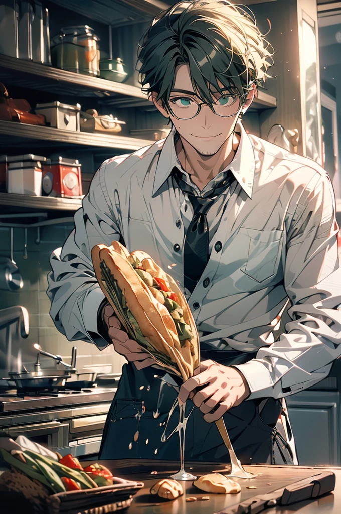 (masterpiece, highest quality, best quality, highest detailed, perfect face) 1 man, adult, muscular, broad man, long green hair, green eyes, (Clothes: glasses, black undershirt, kitchen accessories, apron) in a fast food kitchen, cooking, lots of food, lewd smile,