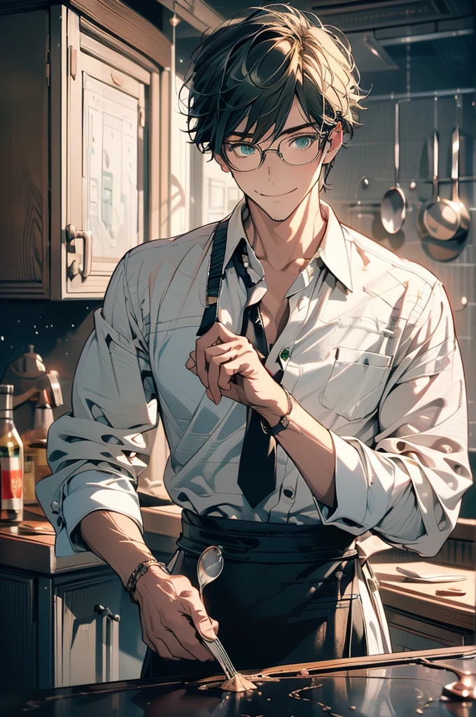 (masterpiece, highest quality, best quality, highest detailed, perfect face) 1 man, adult, muscular, broad man, long green hair, green eyes, (Clothes: glasses, black undershirt, kitchen accessories, apron) in a fast food kitchen, cooking, lots of food, lewd smile,