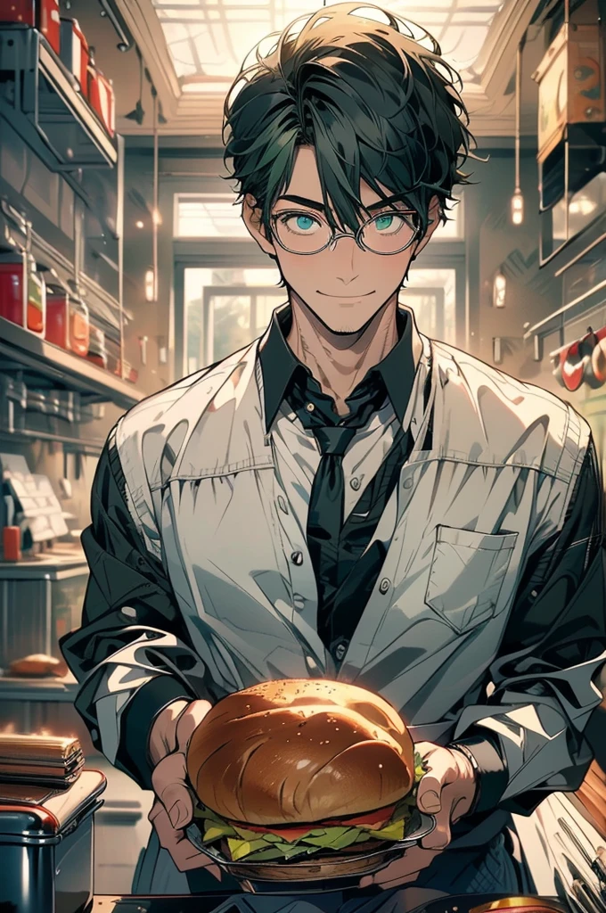 (masterpiece, highest quality, best quality, highest detailed, perfect face) 1 man, adult, muscular, broad man, long green hair, green eyes, (Clothes: glasses, black undershirt, kitchen accessories, apron) in a fast food kitchen, cooking, lots of food, lewd smile,