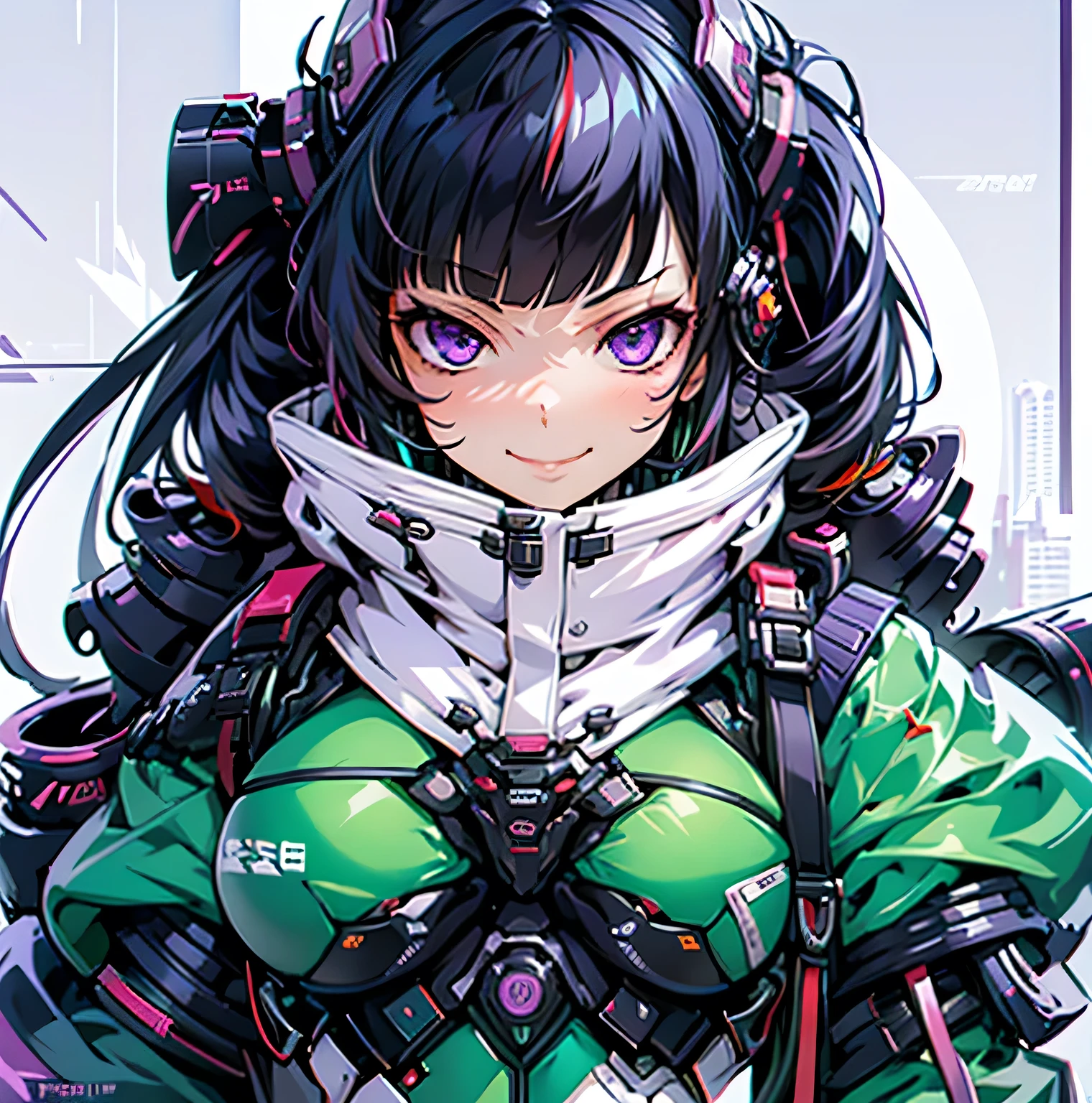 woman、Early 20s、cyber punk、Wicked Smile、Black Hair、Long Hair、Multicolored Hair、Purple Eyes、breast enhancement、sexy、