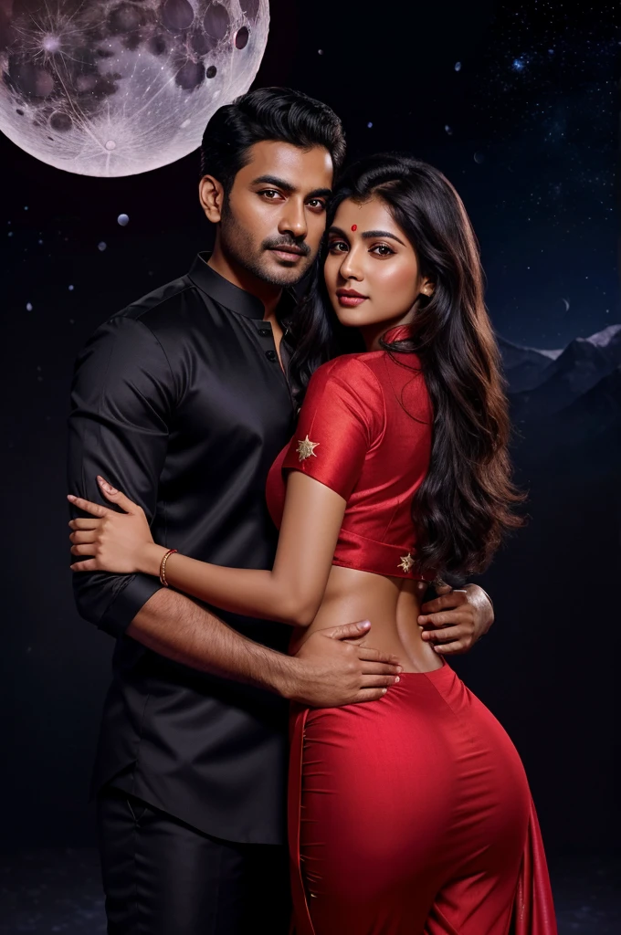 ((Realistic)), ((8k high picture quality)), ((extreme realistic)), Two cute indian couple with hug each other shining black coat pant and women in the red saree ((background moon with stars)),