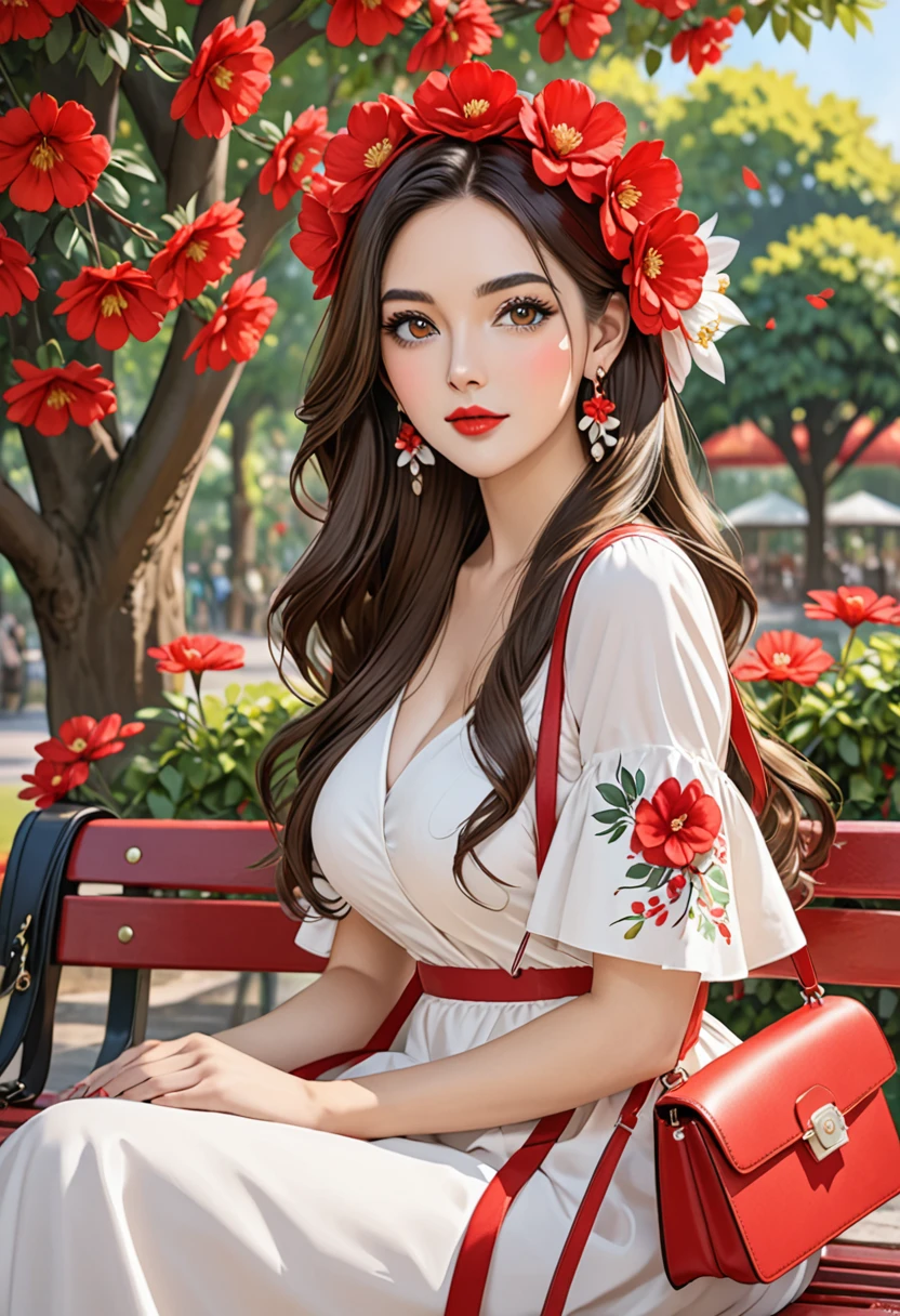 1girl solo long hair breasts looking at viewer brunette headgear dress brown eyes jewelry sitting upper body string flower earrings outdoors hair flower bag tree leaves handbag red lips bench