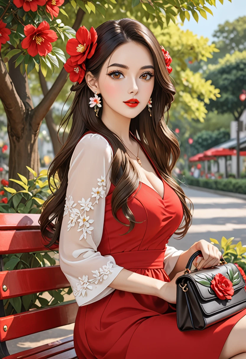 1girl solo long hair breasts looking at viewer brunette headgear dress brown eyes jewelry sitting upper body string flower earrings outdoors hair flower bag tree leaves handbag red lips bench