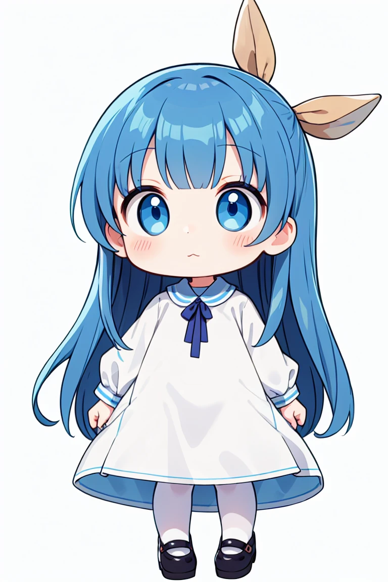 chibi, flat color, solo, full body, cute, (highest quality), blue eye, long hair, white clothes, white background, (masterpiece)