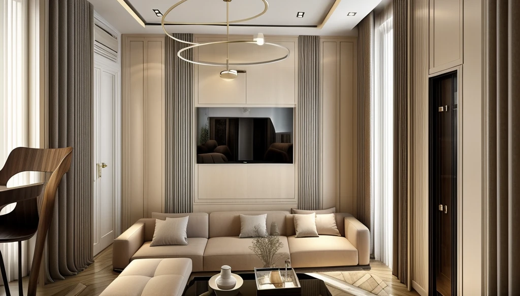 parisian-style livingroom, 1 television on the wall:1.3, a brown wooden floor, cream-colored curtains, a white door, and super sharp photos that exude elegance.