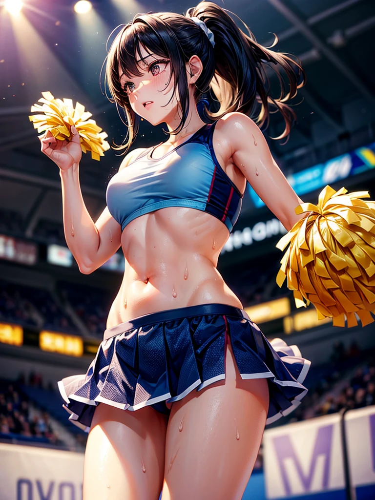 Highest quality,Highest Resolution,Beautiful cheerleader girl,Sweat flying,Big eyes,Belly button,Underwear that becomes transparent due to sweat,Black hair ponytail,Diagonally below,Arena,support,