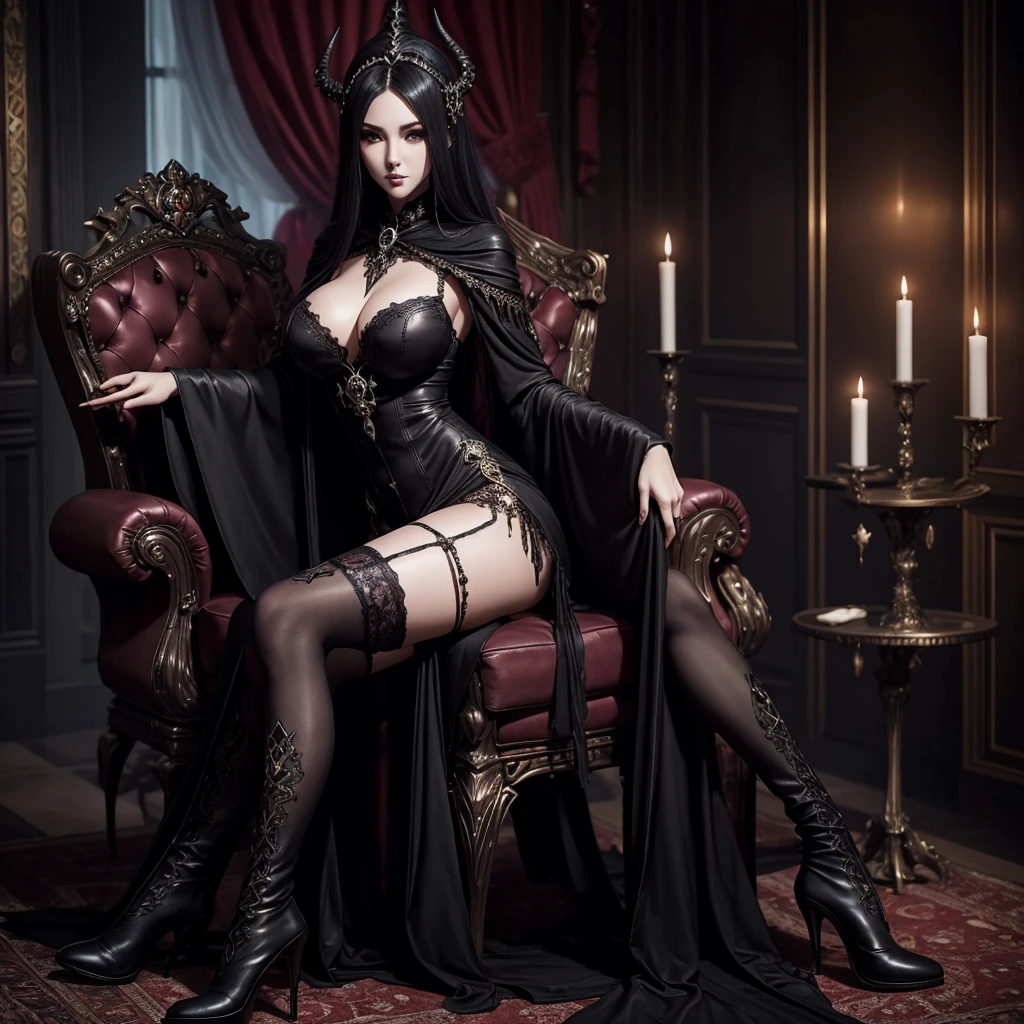 dark fantasy style, 1 sorceress girl, beautiful, slender, sexy, big breasts, makeup, expensive luxurious dark fantasy sorceress dress, skull decoration, long high-heeled boots, lace stockings, in the room, on a chair, hentai,