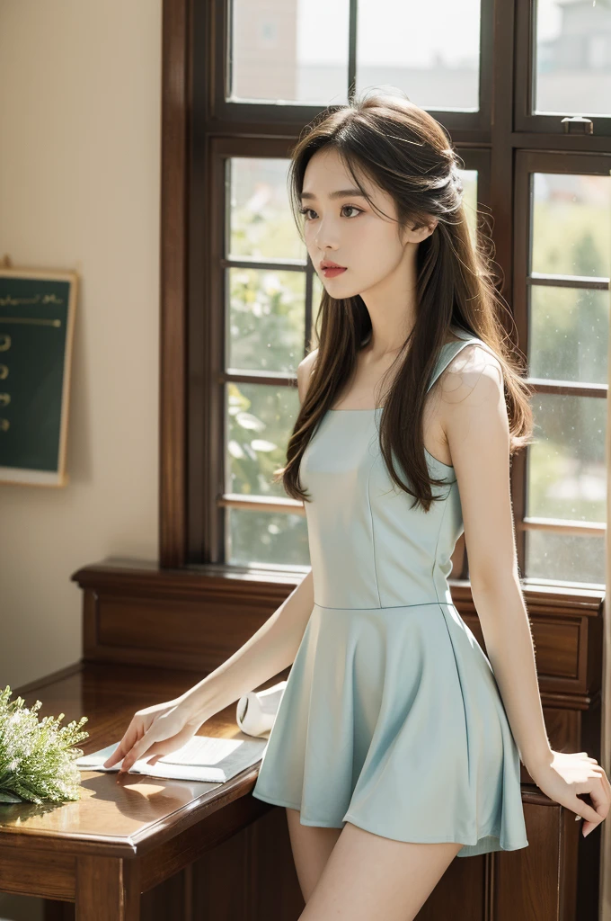 (((best quality))),(((ultra detailed))),(((masterpiece))),illustration,1girl,high school girl,solo,slim,thin,small breasts,flat chest,slender legs,summer,sunshine,luxurious classroom,anticipation,beautiful,elegant,desk,college application form,sleeveless dress,light blue,summer sky,delicate floral pattern,shoulder length straight hair,standing,arms behin back,sunlight,shimmering aura,fair skin,smooth skin,deep green eyes,luxury,plush leather chairs,richly patterned walls,state-of-the-art technology,open windows,summer breeze,freshly mown grass,distant bird songs,graceful movements,precise movements,serene face,focus,determination,dreams,aspirations,journey,fulfill academic goals,portrait,resilience,hope,future,courage,confidence,from front,full body