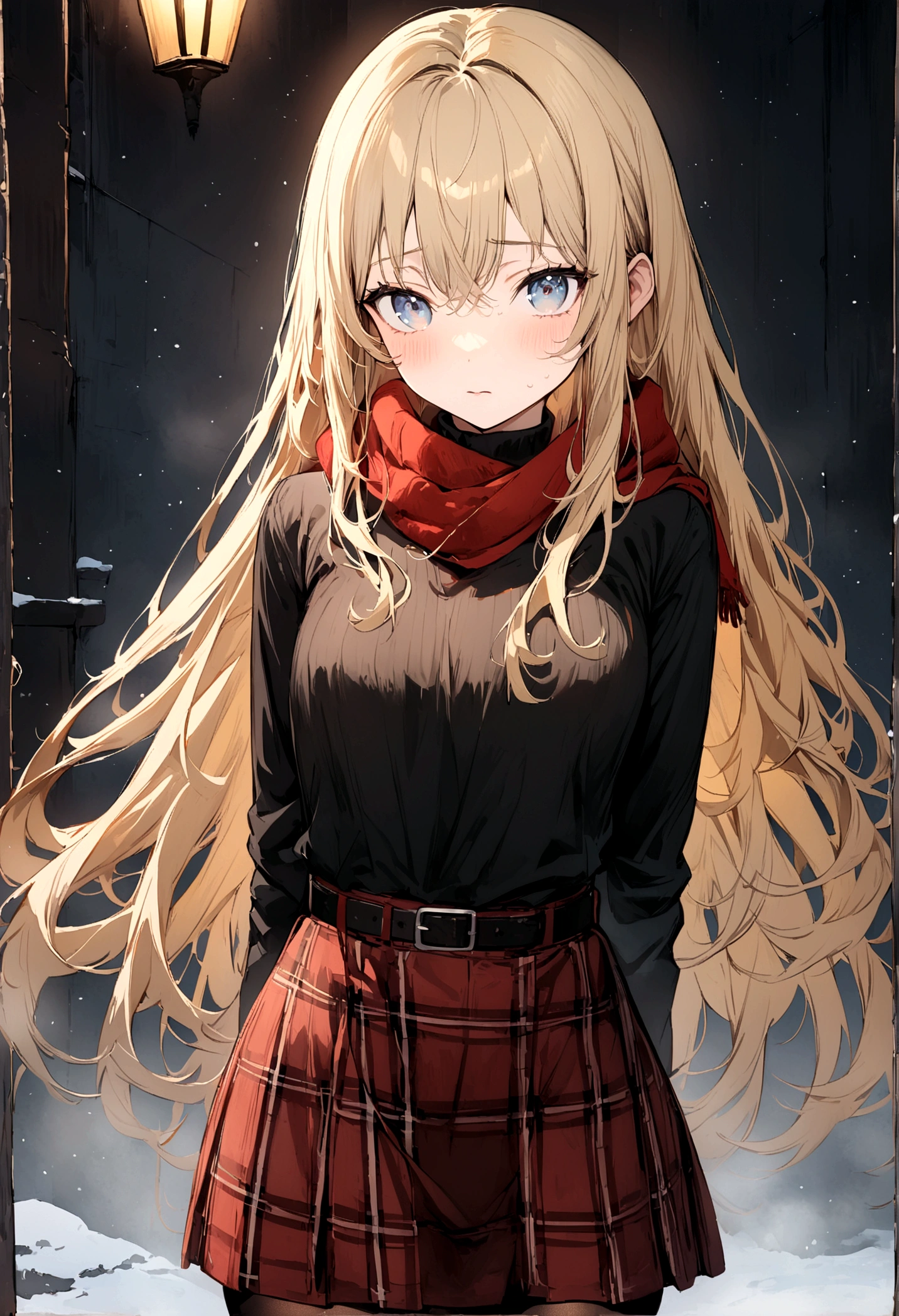 (Artwork), (best quality), (ultra detailed), (straight, blonde and long hair), (illustration), (1 girl), beautiful detailed eyes, delicate and beautiful face, (grayish blue eyes), black turtleneck, a black and red plaid skirt, nylon pantyhose, a red scarf and a belt, cold and postural facial expression