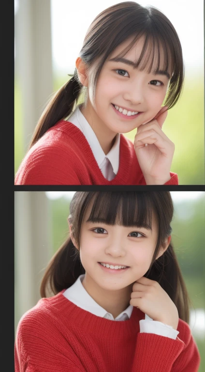 Identical twin sisters from in Japan、(8K, RAW Photos, Highest quality, masterpiece: 1.2), Very detailed, Super Resolution, (Realistic, Actual photo: 1.37), (photoRealistic: 1.6), Eating lunch on the 寝室, High resolution raw color photos, Professional photos, Very delicate and cute, (Point to the camera), Real Light (Spread your arms wide and turn your palms towards yourself), Please smile so that your teeth are visible, A surprisingly cute and neat junior high school Very cute smile, Very cute face, Amazing details, Red scarf, Very detailed美しい女の子, A different face, One is a ponytail, Modern and cute , Very detailed顔 Very detailed目, very Realistic skin, Very thin fingers, Very small nose, Very knowledgeable mouth, Perfect Anatomy,Completely naked、Nude, Lots of smiles, Straight long hair, (Blunt bangs: 1.2), Celebrity-level cuteness, Female junior high school studeth