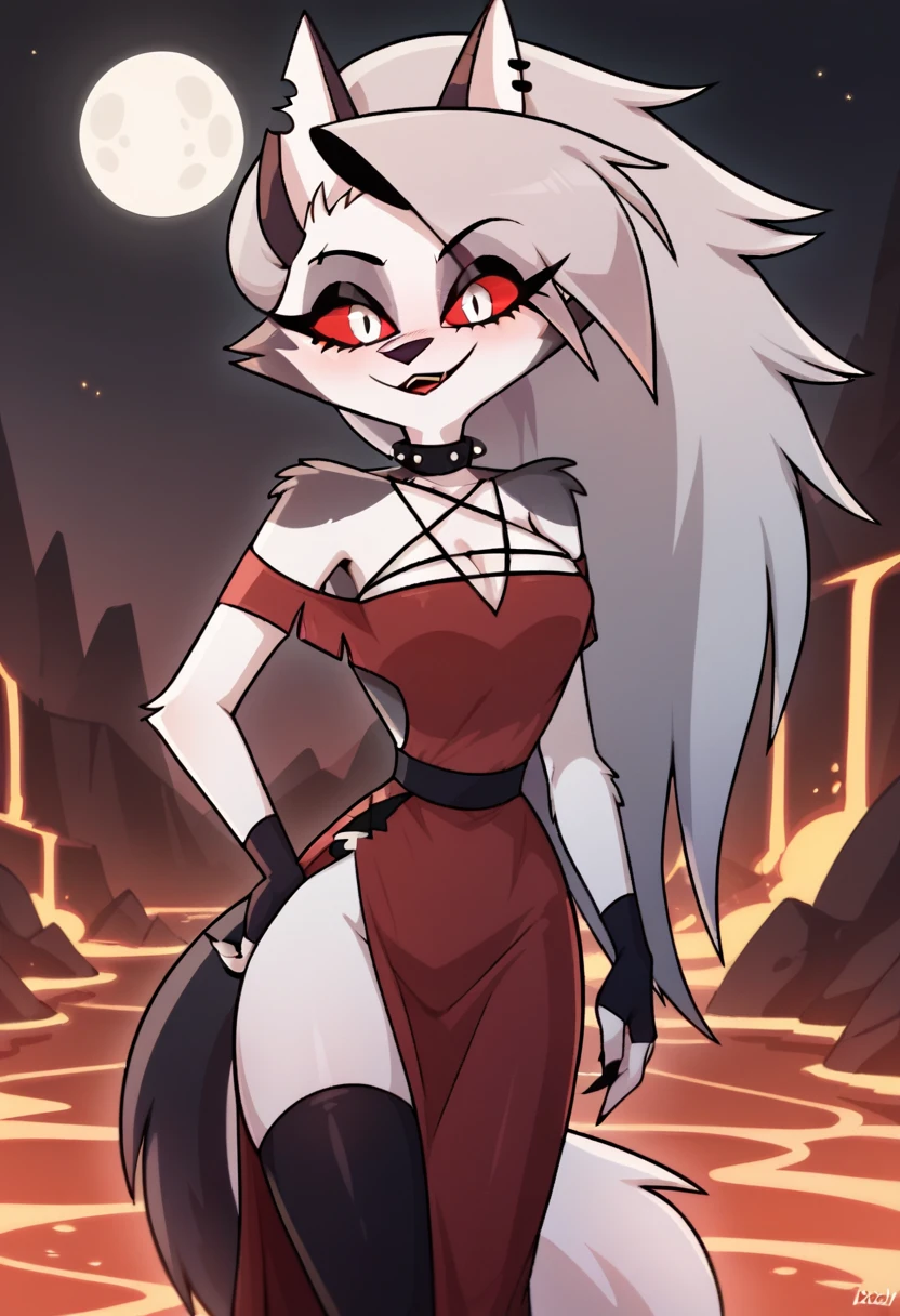 score_9, score_8_up, BREAK, source_anime, (1girl, solo), uncensored, perfect body, slim, thigh highs, fingerless gloves,
anthro, furry, pose, cleavage, blush, evil smirk, hell, lava, burning, buildings in background, full moon, sexy pose, sexy red gown
Loona \(Helluva Boss\),