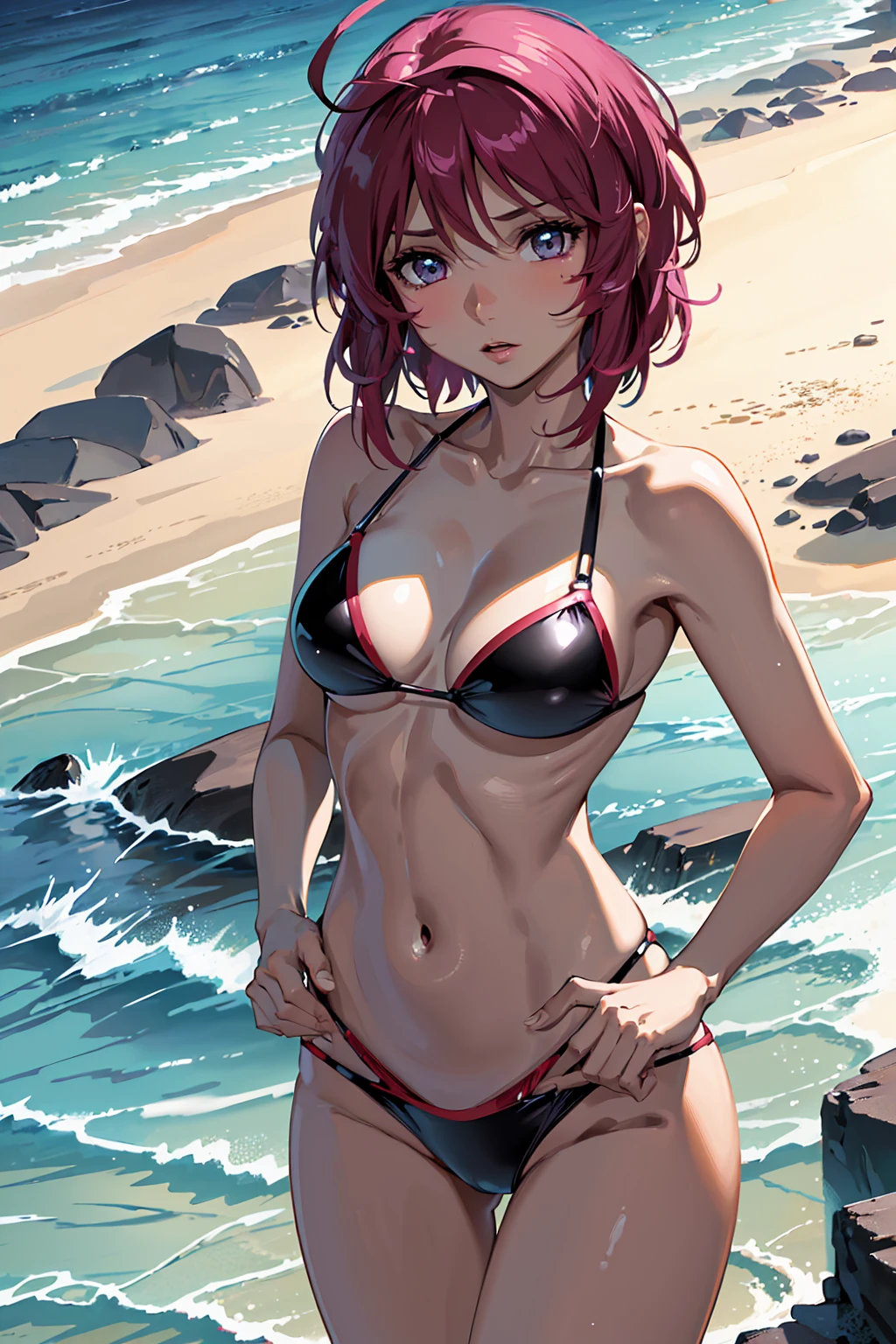 (Highest quality:1.5, High resolution, uhd, 4K, Detailed lighting, Shaders)Lunamaria Hawke 1 Girl, , short hair, Ahoge Pink hair ((Black Bikini))++ Beautiful beach Highly detailed face, Perfect lighting, Highly detailed CG,Cowboy Shot