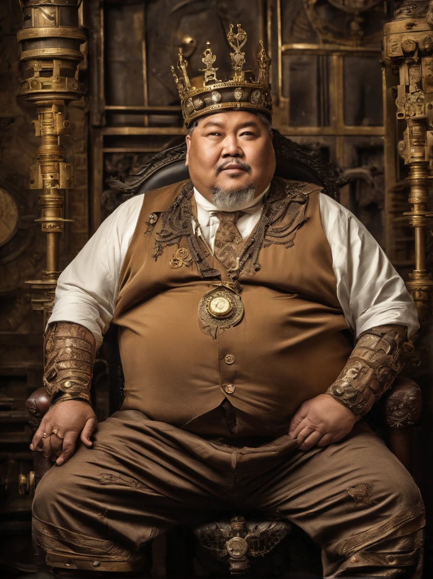 King, Asian, fat man, Chubby, 60 years old, wearing a crown, shirtless, shirt off, take of shirt, in the palace