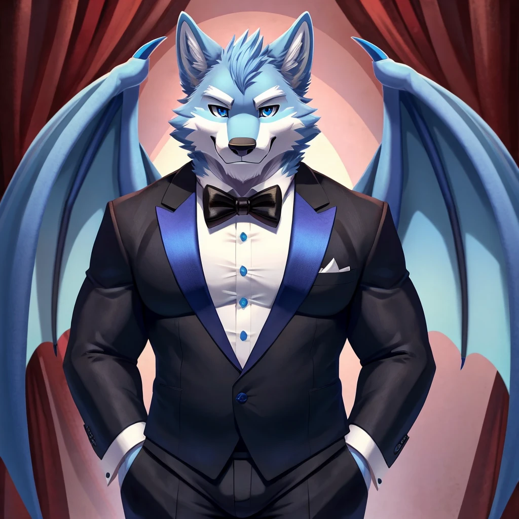 Masterpiece, Solo, Furry Light Blue Wolf, Light Blue Fur,Dark Blue Eyes, Dragon Wings, Bulking Body, Dad bod body, Cool Pose, Charming, Handsome, Tuxedo Suit, wearing cap