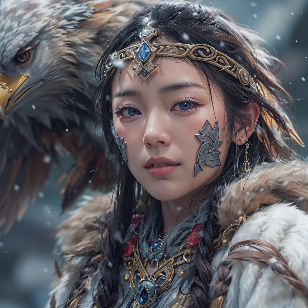 Hiding in the snowy mountains、Hair flow、 ((Highest quality、masterpiece、8K、Best image quality、Ultra-high resolution、Award-winning works)、(Accurate anatomy:1.1)、(Look at me and smile:1.1)、Shining fair skin with Ultra-high resolution、The most detailed face、Ultra-high resolution detailed face、Ultra-high resolutionの髪の毛、(Ultra-high resolutionの煌めく瞳:1.1)、Beautiful face drawn in every detail、(Blurred Background:1.1)、Ancient Inuit clothing, Chest to chest, tattoo, Old ruins in the background、Apart from the real giant eagle