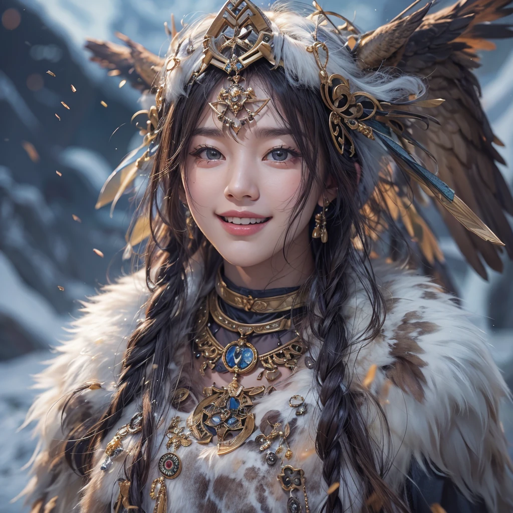 Hiding in the snowy mountains、Hair flow、 ((Highest quality、masterpiece、8K、Best image quality、Ultra-high resolution、Award-winning works)、(Accurate anatomy:1.1)、(Look at me and smile:1.1)、Shining fair skin with Ultra-high resolution、The most detailed face、Ultra-high resolution detailed face、Ultra-high resolutionの髪の毛、(Ultra-high resolutionの煌めく瞳:1.1)、Beautiful face drawn in every detail、(Blurred Background:1.1)、Ancient Inuit clothing, Chest to chest, tattoo, Old ruins in the background、Apart from the real giant eagle