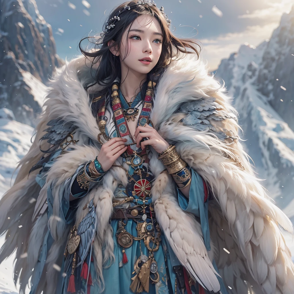 Hiding in the snowy mountains、Hair flow、 ((Highest quality、masterpiece、8K、Best image quality、Ultra-high resolution、Award-winning works)、(Accurate anatomy:1.1)、(Look at me and smile:1.1)、Shining fair skin with Ultra-high resolution、The most detailed face、Ultra-high resolution detailed face、Ultra-high resolutionの髪の毛、(Ultra-high resolutionの煌めく瞳:1.1)、Beautiful face drawn in every detail、(Blurred Background:1.1)、Ancient Inuit clothing, Chest to chest, tattoo, Old ruins in the background、Apart from the real giant eagle