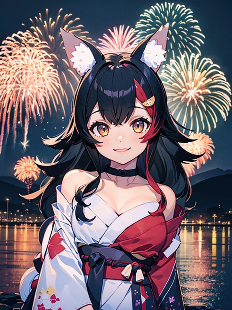 (masterpiece, Highest quality, Super detailed),One girl,((super fine illustration)),((cute eyes,highly detailed skin)),((smile)),(well endowed,Blessed,Captivating body、Detailed Background)、(yukata:1.5),firework,(大量のfirework,Night view,Ocean)、Festivals