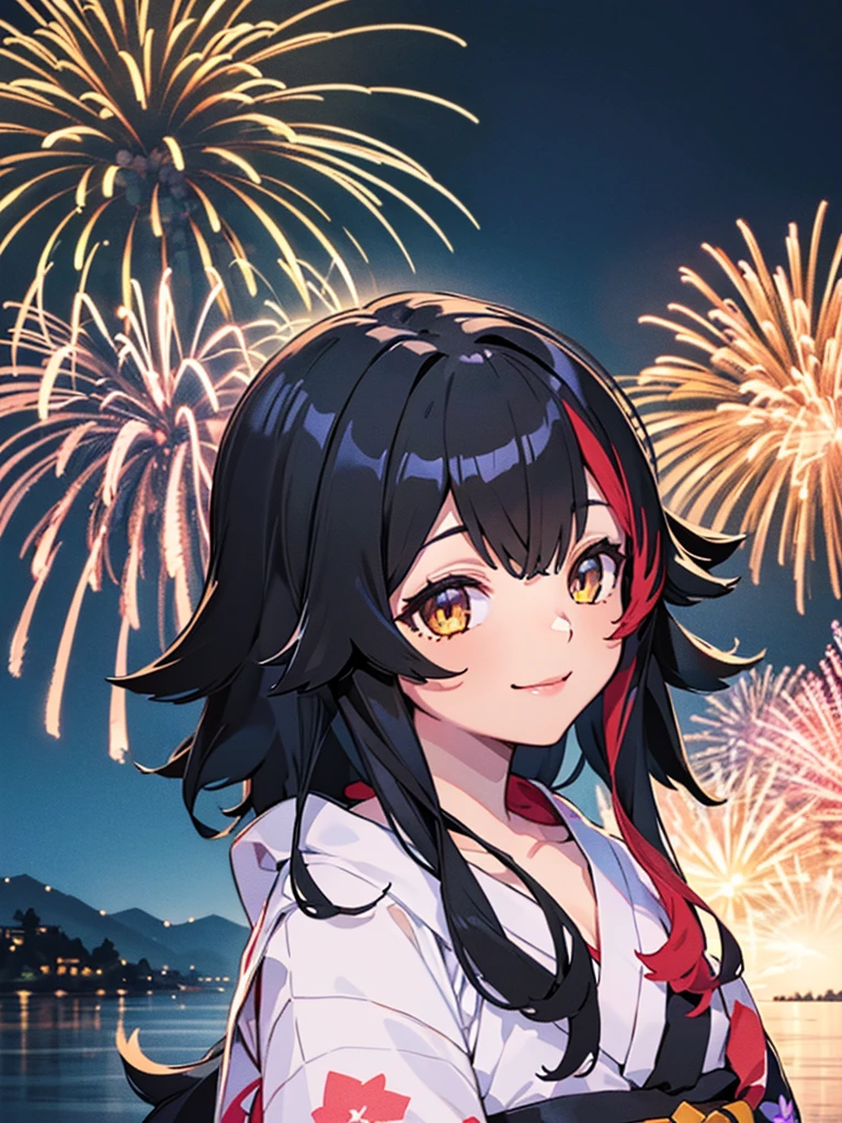 (masterpiece, Highest quality, Super detailed),One girl,((super fine illustration)),((cute eyes,highly detailed skin)),((smile)),(well endowed,Blessed,Captivating body、Detailed Background)、(yukata:1.5),firework,(大量のfirework,Night view,Ocean)、Festivals