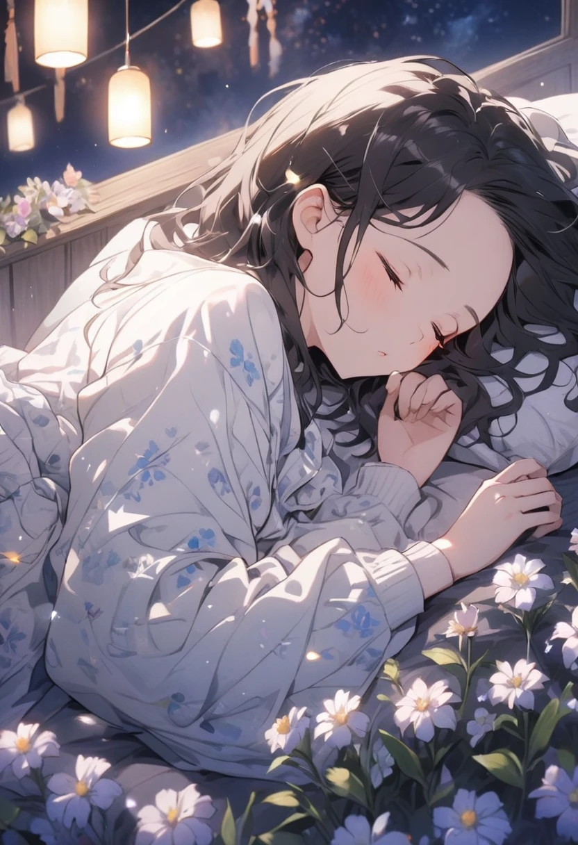 , Flowers, Sleep, Long black hair, night, Starry Sky